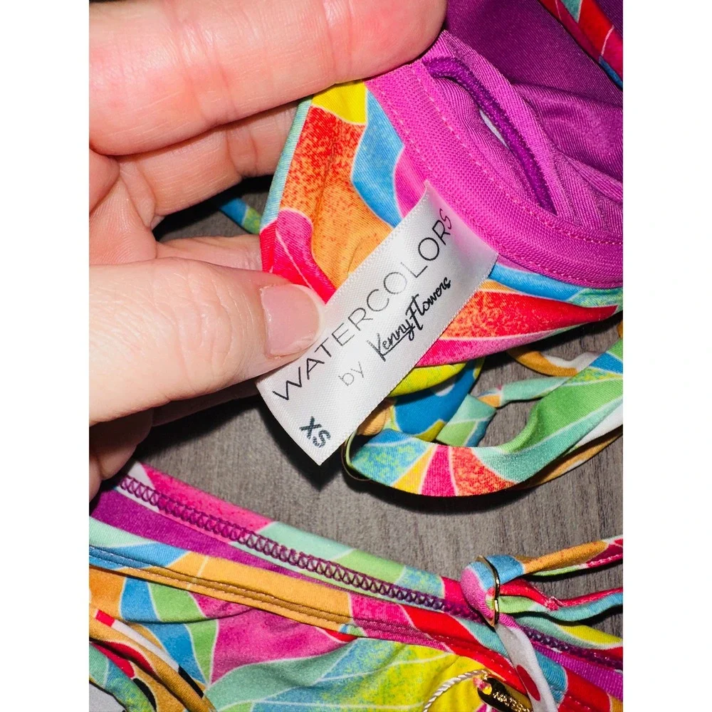 Watercolors By Kenny Flowers Bikini Top Bottom Swim Hawaiian Parrot XS NWT‎